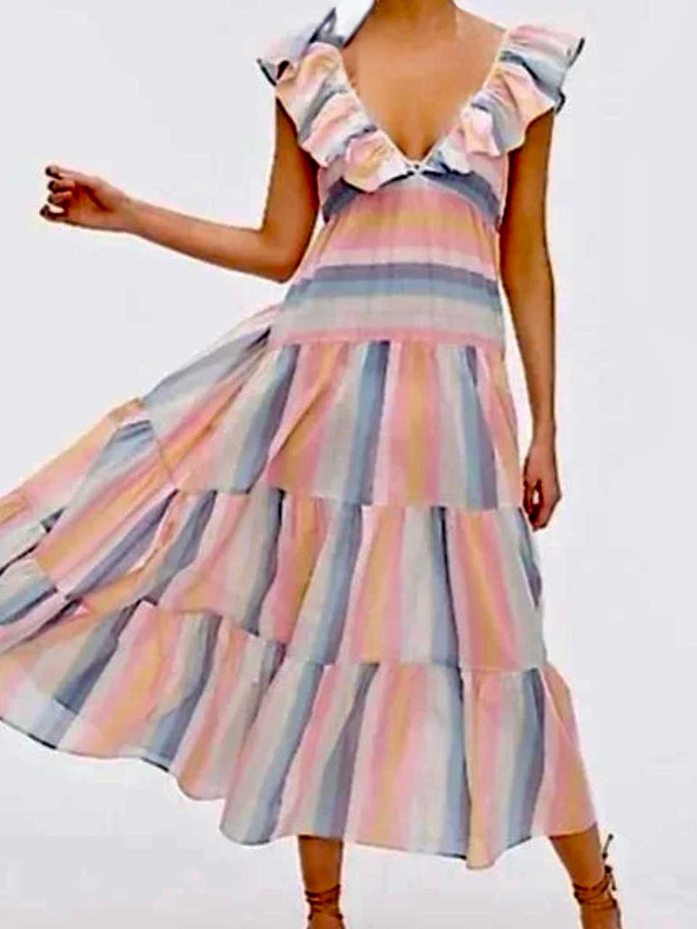 J crew Tiered Ruffle V-Neck Maxi Dress in Pastel Stripe Size S